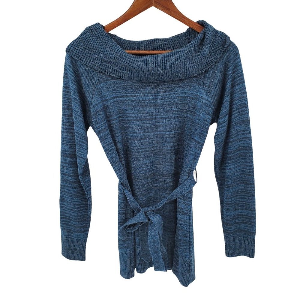 AB Studio Womens Off The Shoulder Tie Waist Knit‎ Top Size L Blue Long Sleeve